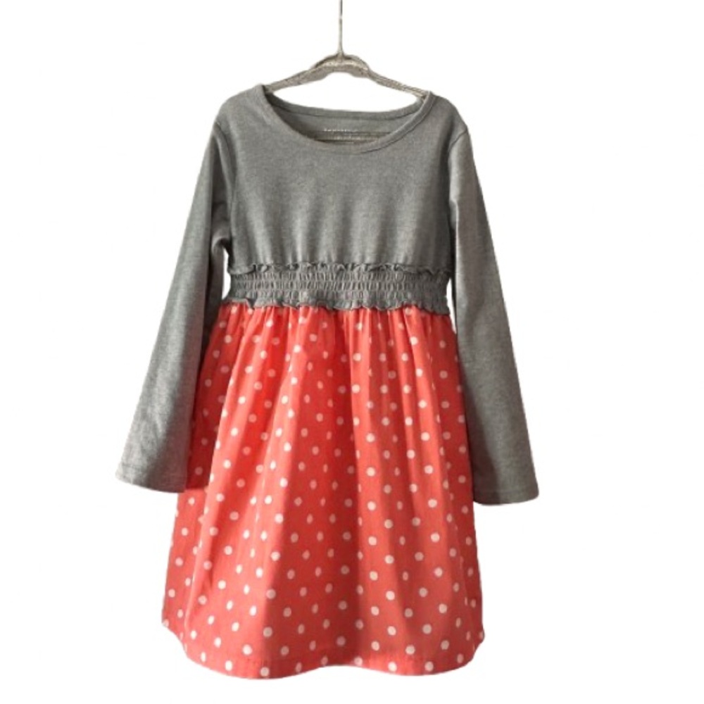 NWOT Healthtex Girl 5t Coral Gray White Polka Dot Long Sleeve Cotton Blend Dress